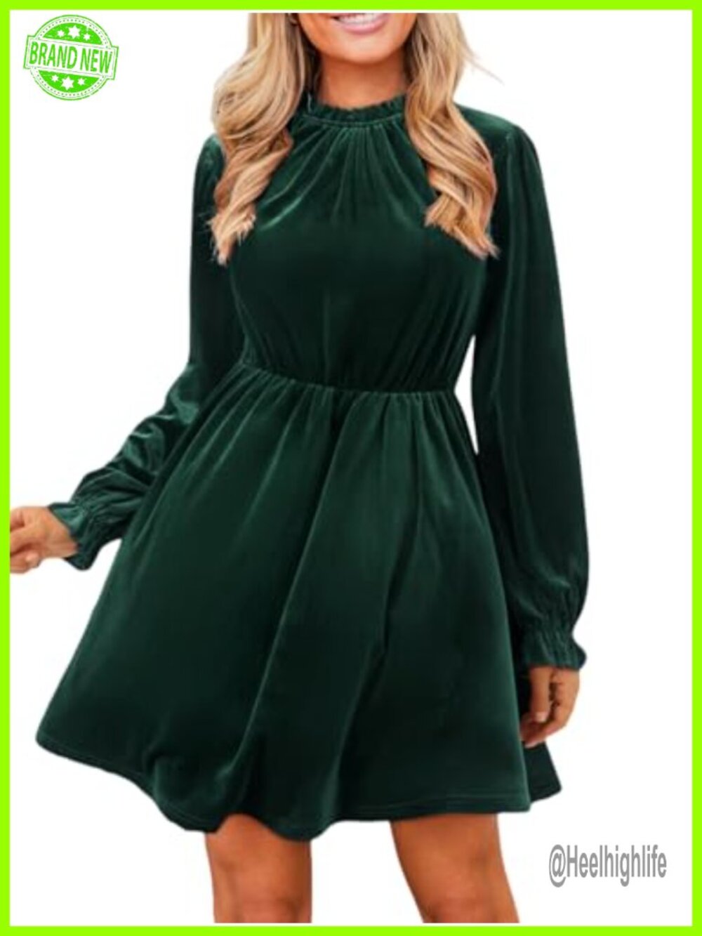 Velvet Mini Dress Mock Neck Long Sleeve Ruffle A-Line Party Dress